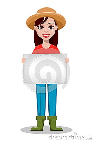 Cheerful gardener woman rancher holding blank placard. Vector Illustration