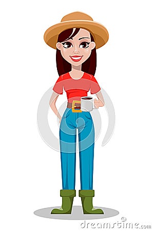 Cheerful gardener woman rancher holding a cup of coffee. Vector Illustration