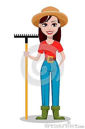 Cheerful gardener woman rancher holding rake. Vector Illustration