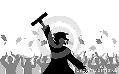 Cheerful girl graduates with diploma on background of joyful crowd of people throwing mortarboards or academic caps, silhouette. Vector Illustration