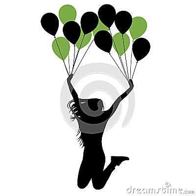 Cheerful girl hanging on balloons. Silhouette vector illustration Vector Illustration