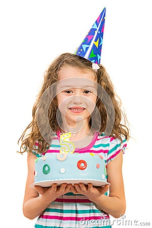 Cheerful girl holding birthday cake Stock Photo