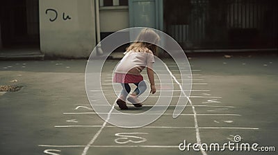 A girl playing hopscotch on a pavement with chalk markings created with Generative AI Stock Photo