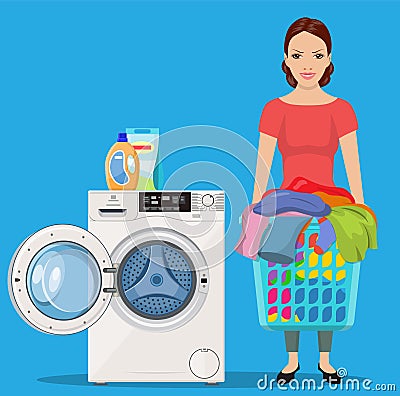 Cheerful girl standing and holding laundry basket Vector Illustration