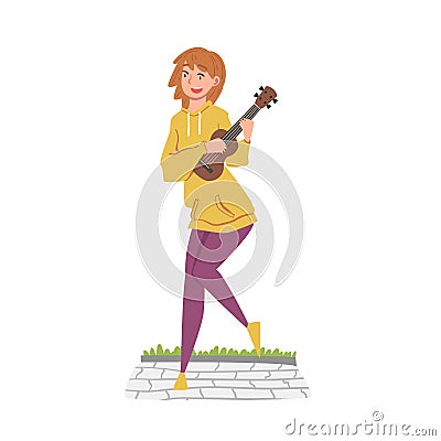 Cheerful Girl Street Musician Character Playing Ukulele, Live Performance Concept Cartoon Style Vector Illustration Vector Illustration