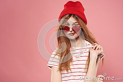 Cheerful glamorous woman lifestyle luxury charm pink background Stock Photo
