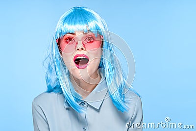 cheerful glamorous woman in pink glasses purple wig fashion Stock Photo