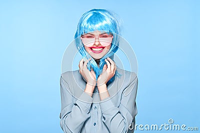 cheerful glamorous woman in pink glasses purple wig fashion Stock Photo