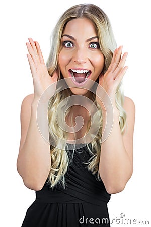 Cheerful gorgeous blonde in black dress posing Stock Photo