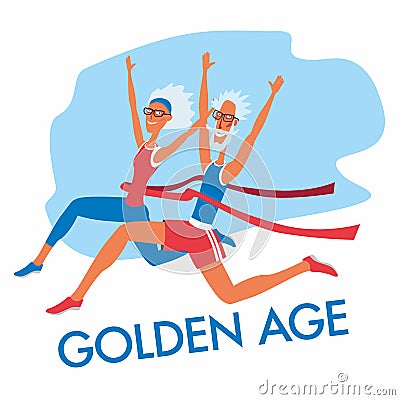 Cheerful grandfather and grandmother are runners-athletes. Cross the finish line, win the race Vector Illustration