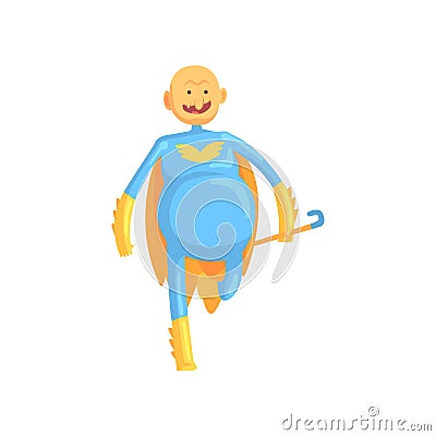 Cheerful grandfather with stick in hand dressed in classic superhero suit with yellow mantle. Toothless old man Vector Illustration