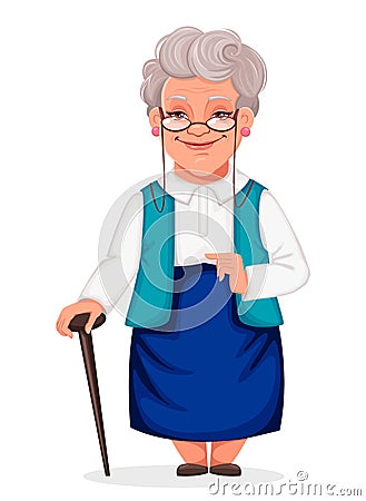 Cheerful grandmother stands with walking cane Vector Illustration