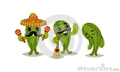 Cheerful Green Cactus Character Wearing Sombrero Hat and Playing Maraca Vector Set Vector Illustration