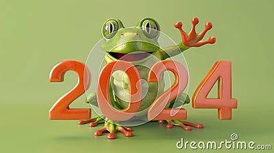 Cheerful Green Frog with 2024 Numbers Celebrating the Leap Day 2024. Stock Photo