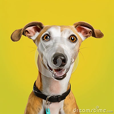 Cheerful Greyhound Pup Laughing On Vibrant Yellow Background Stock Photo