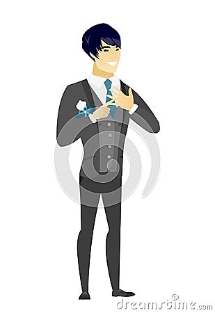 Cheerful groom showing golden ring on his finger. Vector Illustration