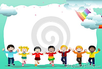 cheerful group kids on cloud rainbow Cartoon Illustration