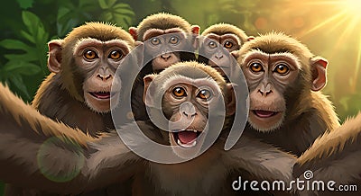 a cheerful group of monkeys capturing a selfie with procreate style at sunset - generated using ai Stock Photo