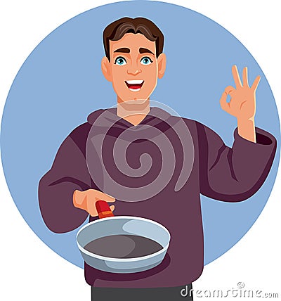 Happy Bachelor Man Holding a Cooking Skillet Pan Vector Illustration Vector Illustration