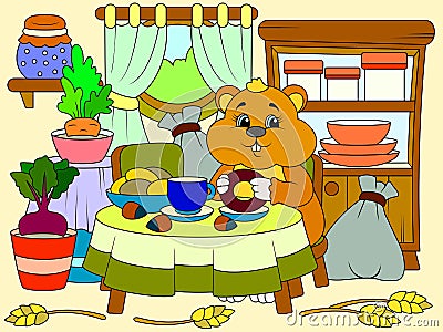 Cheerful hamster eats in the kitchen, home interior. Children color. Vector Illustration