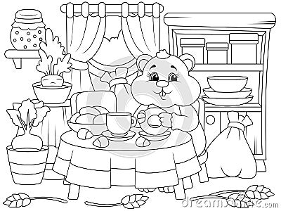 Cheerful hamster eats in the kitchen, home interior. Children coloring book. Cartoon Illustration