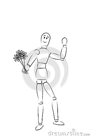 a cheerful hand-drawn man with flowers waves his hand affably. Illustration Stock Photo