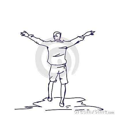 Cheerful Hand Drawn Man With Raised Hands Back Rear View Of Doodle Happy Guy Freedom Concept Vector Illustration