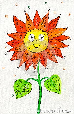 Cheerful hand-drawn watercolor illustration of a radiant, smiling flower in vivid colors Cartoon Illustration