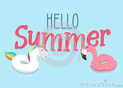 Cheerful and happy unicorn and flamingo float rings with hello s Vector Illustration