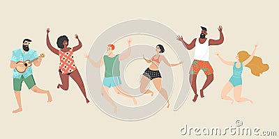 Cheerful happy young people in beachwear and swimsuits jump on the beach Vector Illustration