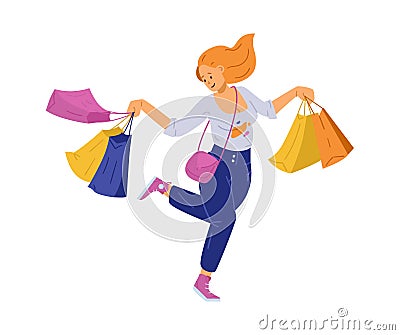 Cheerful happy young woman enjoying shopping, flat vector illustration isolated. Vector Illustration