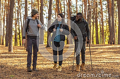 Cheerful hikers having conversation while walking by forest Stock Photo