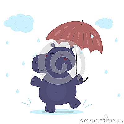 Cheerful hippo in the rain with an umbrella. Printable templates Stock Photo