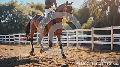 A cheerful horse gallops in the paddock. Development of equestrian sports, participation in competitions, hobbies to improve the Stock Photo