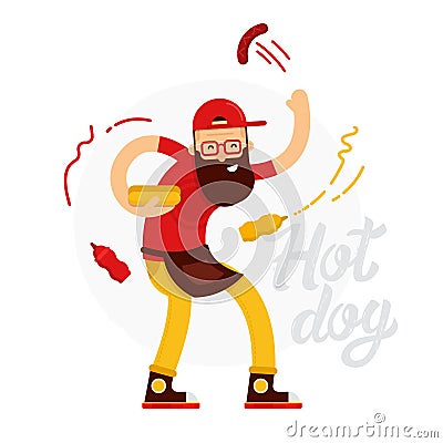 Cheerful hot dog seller man makes the hot dog with ketchup and mustard Cartoon Illustration