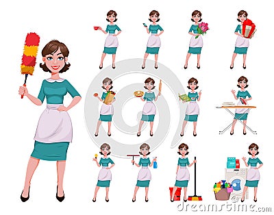 Cheerful housekeeper, mother, beautiful woman Vector Illustration