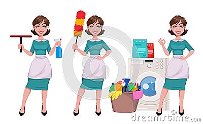 Cheerful housekeeper, mother, beautiful woman Vector Illustration