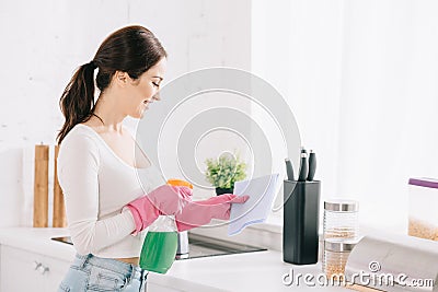 Cheerful housewife spraying detergent from spray Stock Photo