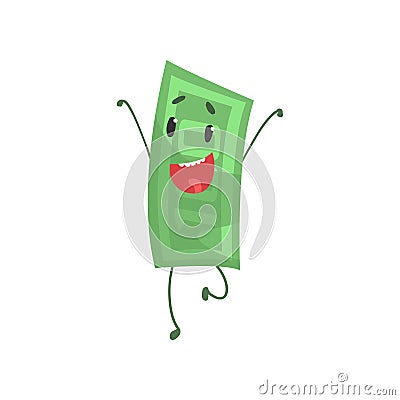 Cheerful hundred dollars character standing with hands up. Funny money icon. Isolated flat vector illustration. Graphic Vector Illustration