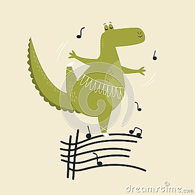 Cheerful illustration of a ballerina crocodile dancing on a vinyl record Vector Illustration