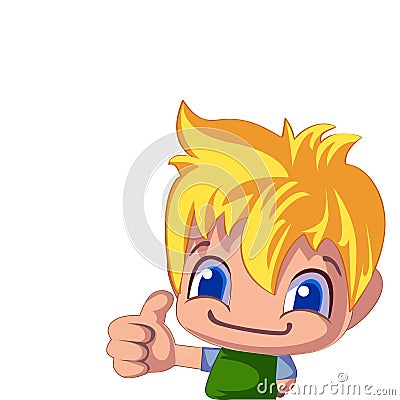 A cheerful illustration of a blond boy holding his finger up. Cartoon illustration Cartoon Illustration