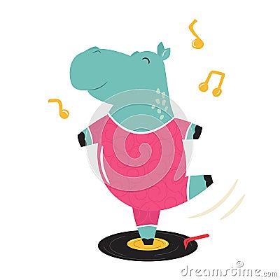 Cheerful illustration of a hippo dancing on a vinyl record Vector Illustration