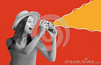 Cheerful impressed young european tourist lady in cap makes photo on camera Stock Photo