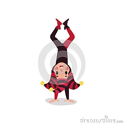 Cheerful joker flat character standing upside down. Comedy artist, acrobatic performance. Vector Illustration