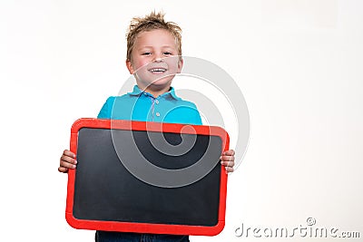 Cheerful Kid with Blank Board Isolated on the White Background Stock Photo