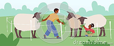 Cheerful Kids Feed Cute Sheep in Wooden Cage at Outdoor Farm or Zoo. Child Characters Spend Time in Animal Petting Park Vector Illustration