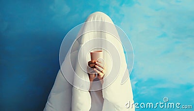 Cheerful lazy woman waking up after sleeping covered head with white soft blanket holds cup of coffee on blue background at home Stock Photo