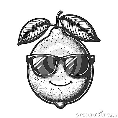 Cheerful Lemon with Sunglasses engraving vector Vector Illustration