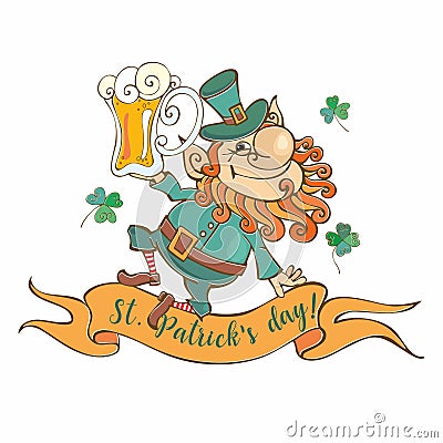 Cheerful leprechaun with beer for St. Patrick`s day. Vector Stock Photo