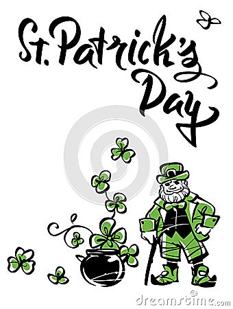 Cheerful leprechaun with a cane and pot of gold Vector Illustration